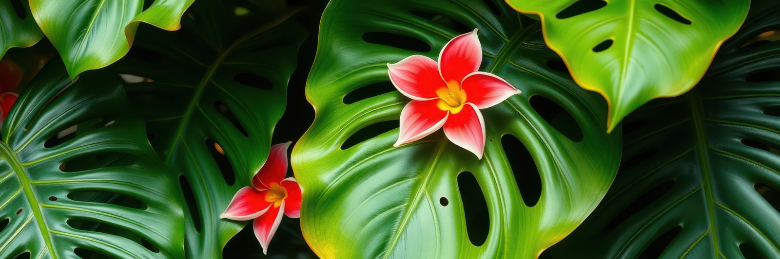 A red flower blooms amongst large, green leaves